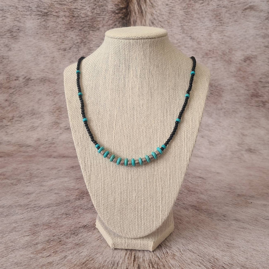 Cowgirl Tough turquoise and steel beaded necklace.