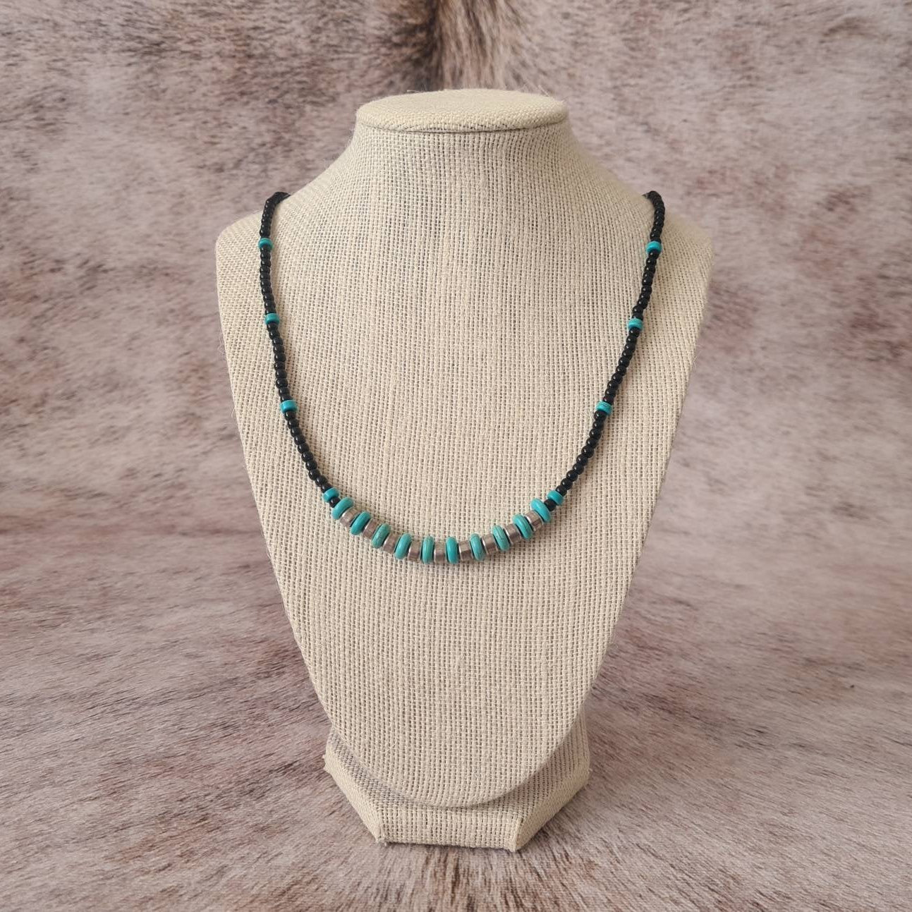 Cowgirl Tough turquoise and steel beaded necklace.