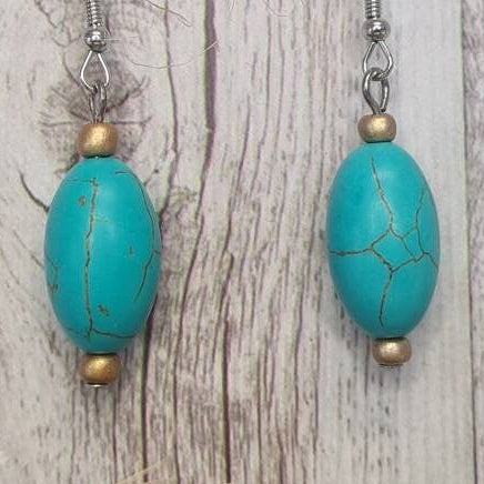 Short Round gold crackle turquoise beaded dangle earrings.