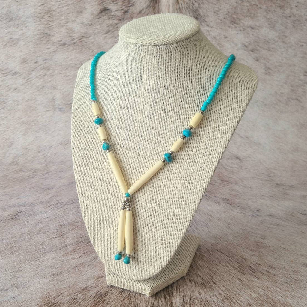 Spirit of the West Native bone and turquoise beaded necklace.