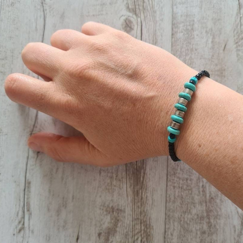Cowgirl Tough turquoise and steel beaded bracelet.