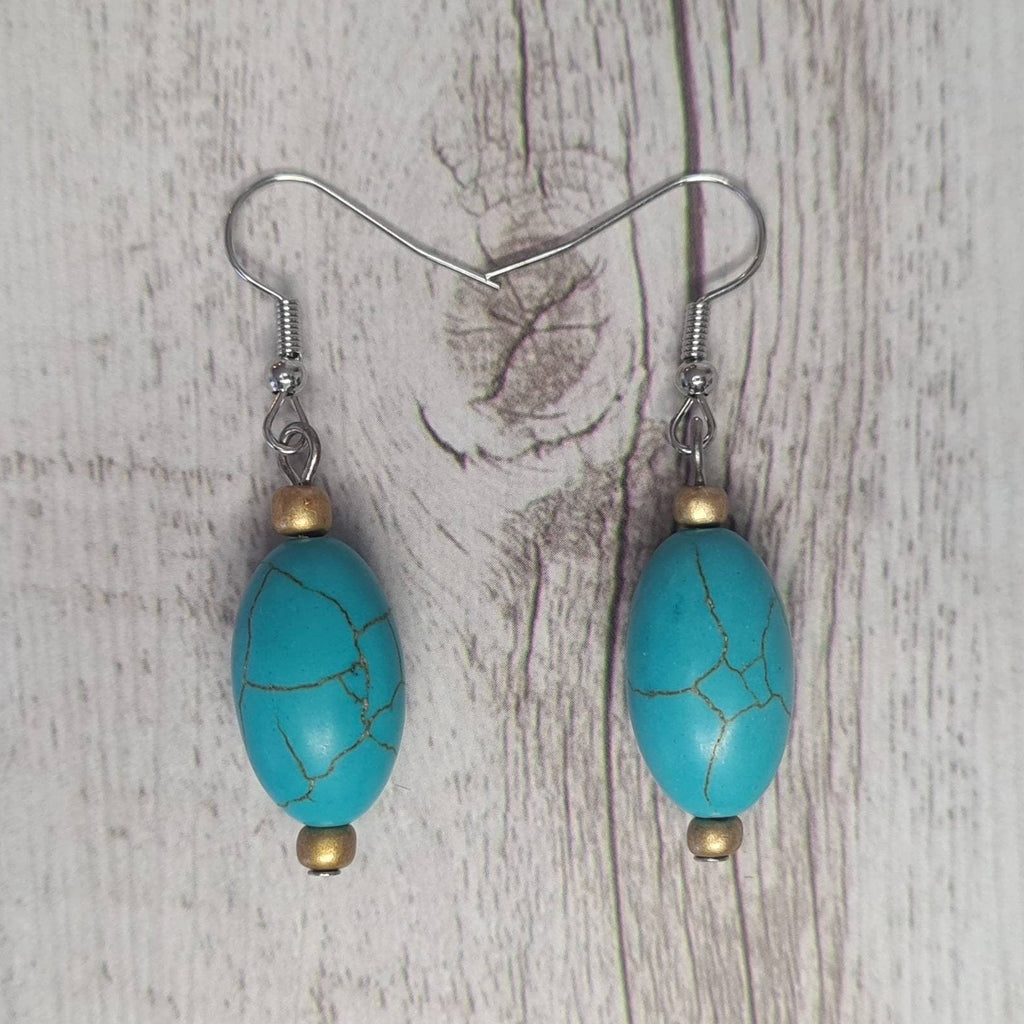 Short Round gold crackle turquoise beaded dangle earrings.