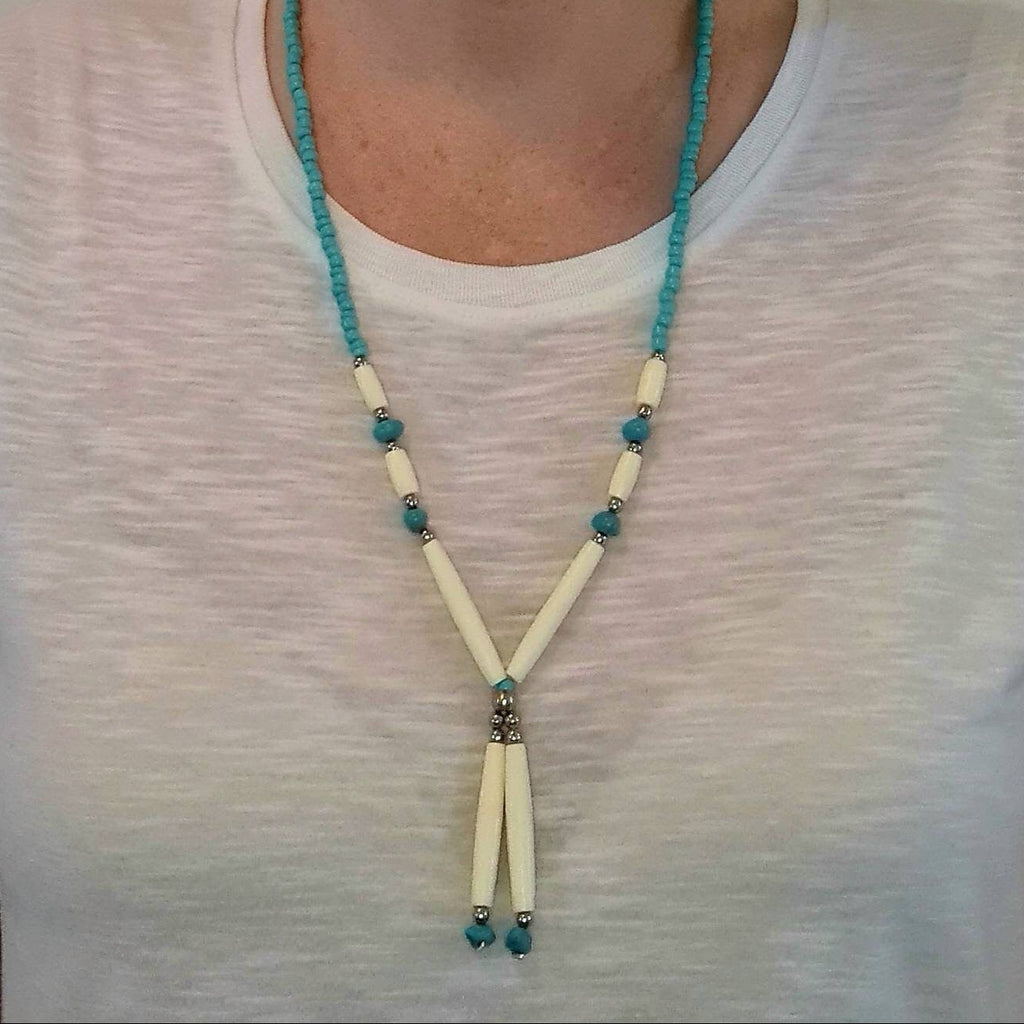 Spirit of the West Native bone and turquoise beaded necklace.