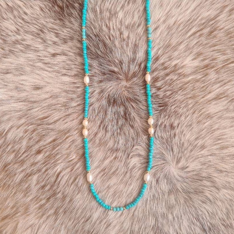 Cowgirl Pearl glass beaded necklace with natural freshwater pearls and genuine turquoise.