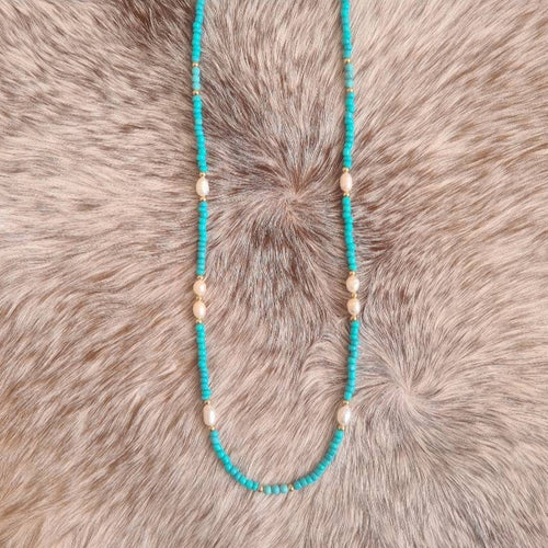 Cowgirl Pearl glass beaded necklace with natural freshwater pearls and genuine turquoise.