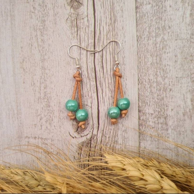 Spring Roundup leather knotted bead earrings.