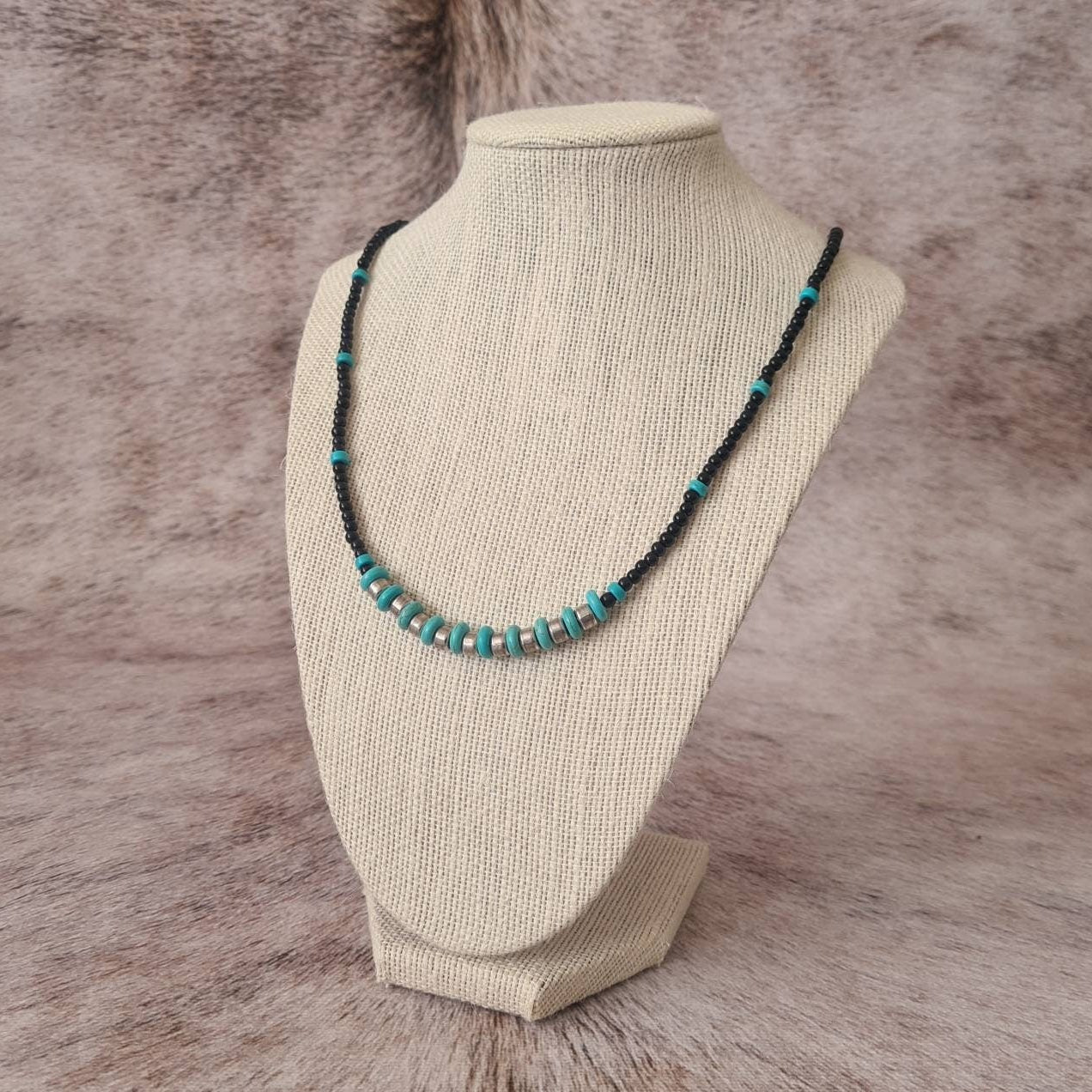 Cowgirl Tough turquoise and steel beaded necklace.