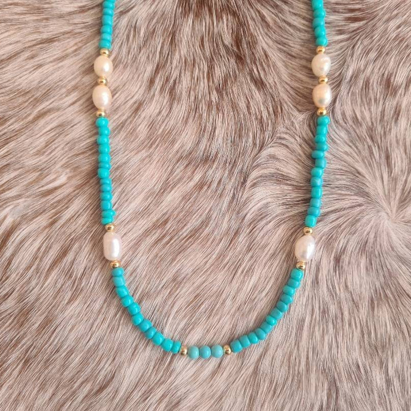 Cowgirl Pearl glass beaded necklace with natural freshwater pearls and genuine turquoise.