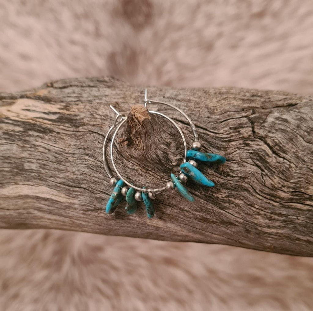 Buffalo Woman natural turquoise chip beaded hoop earrings.