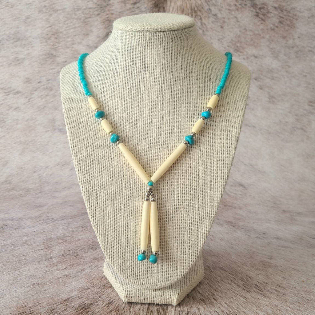 Spirit of the West Native bone and turquoise beaded necklace.