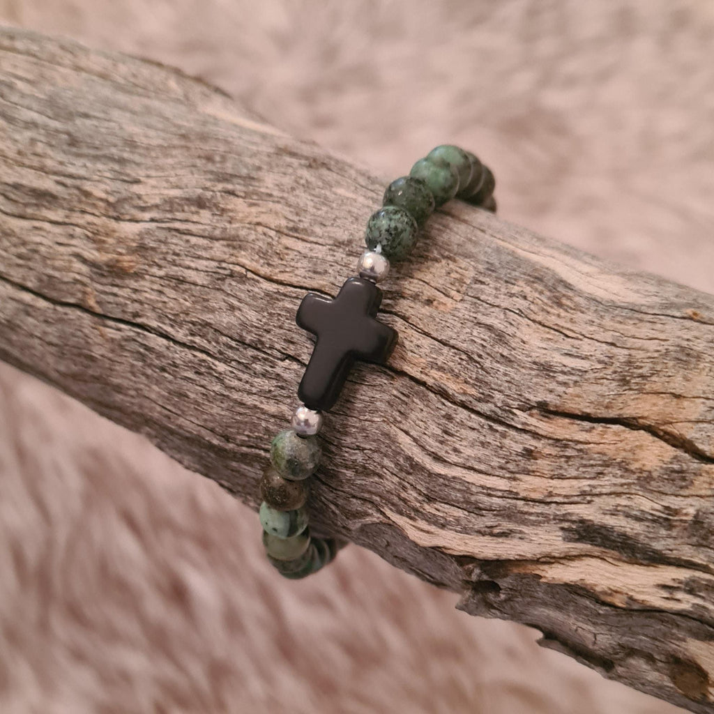 Believer natural African Turquoise beaded bracelet with stone cross.