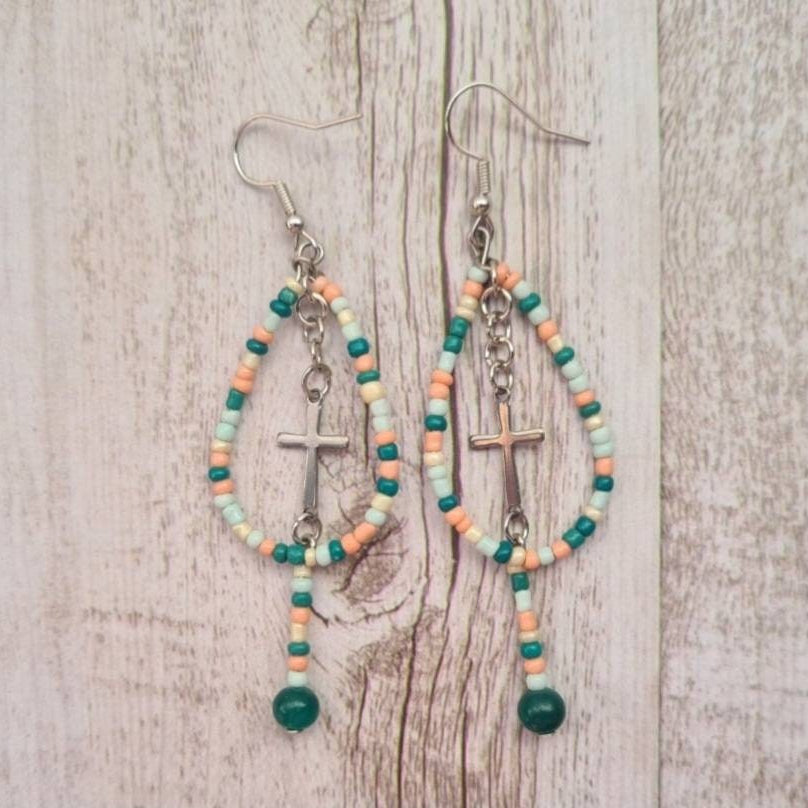 Sonora southwest beaded teardrop earrings with cross dangles.