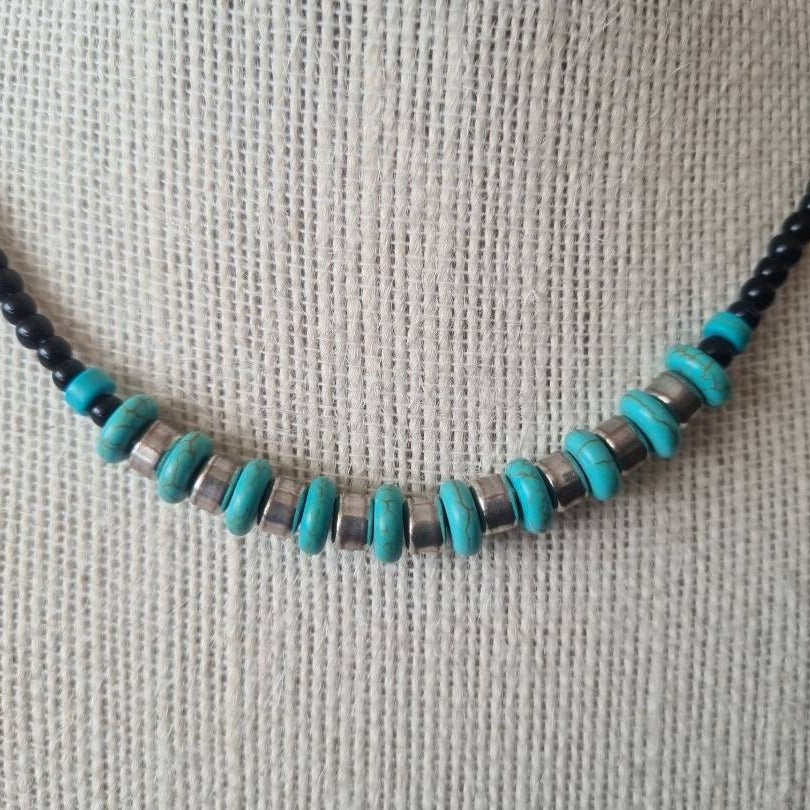 Cowgirl Tough turquoise and steel beaded necklace.