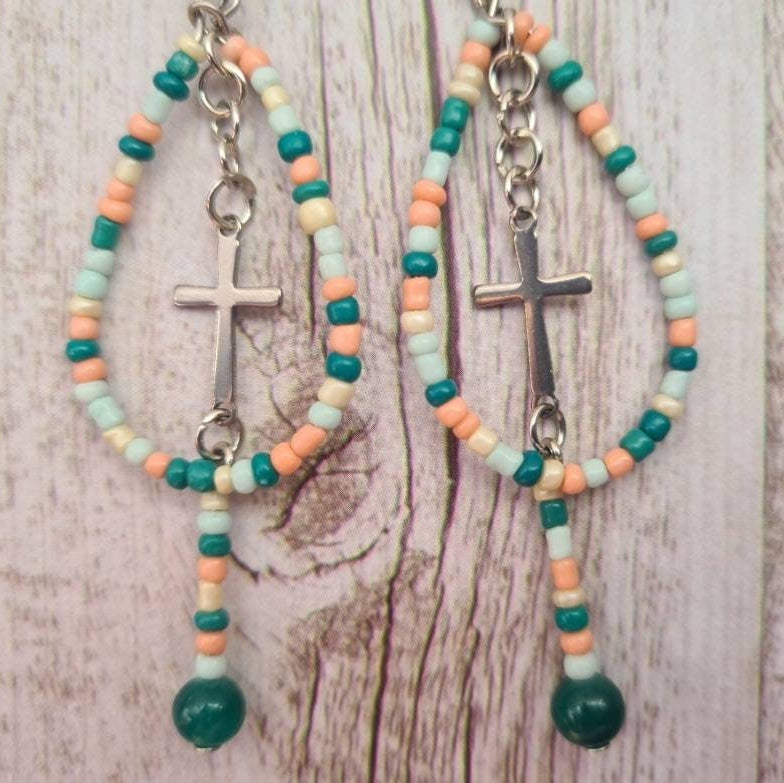 Sonora southwest beaded teardrop earrings with cross dangles.