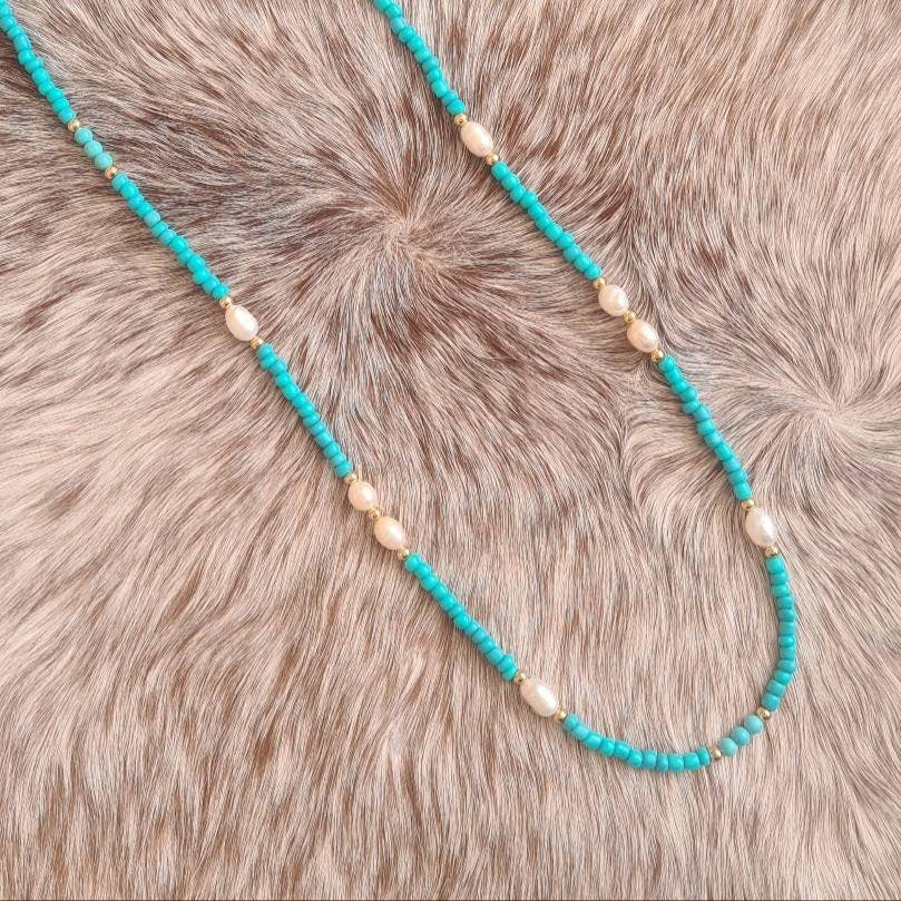 Cowgirl Pearl glass beaded necklace with natural freshwater pearls and genuine turquoise.