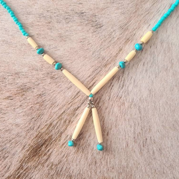 Spirit of the West Native bone and turquoise beaded necklace.