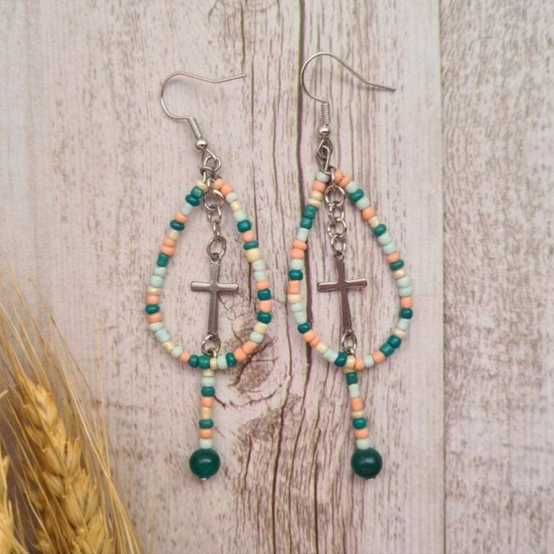 Sonora southwest beaded teardrop earrings with cross dangles.