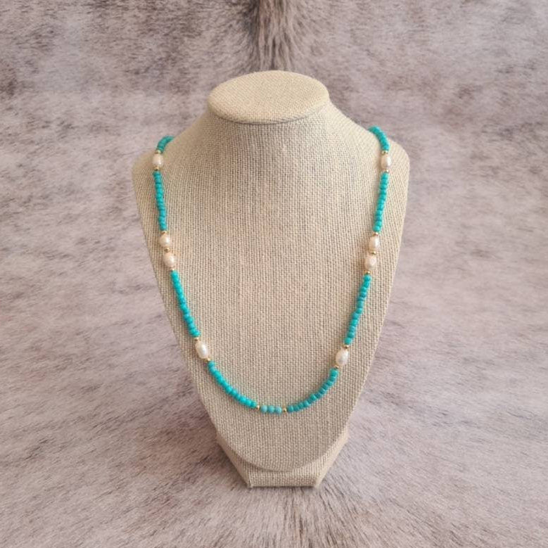 Cowgirl Pearl glass beaded necklace with natural freshwater pearls and genuine turquoise.