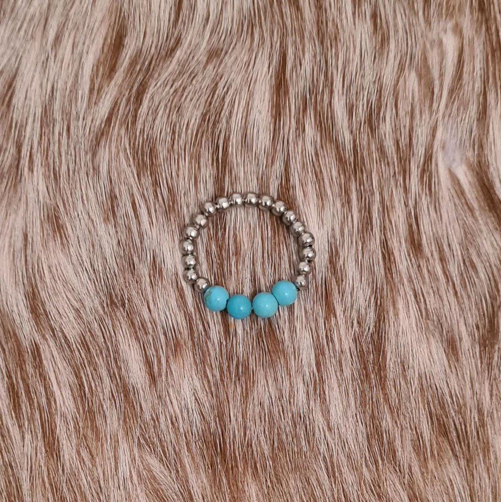 Buffalo River genuine turquoise and stainless steel beaded ring.