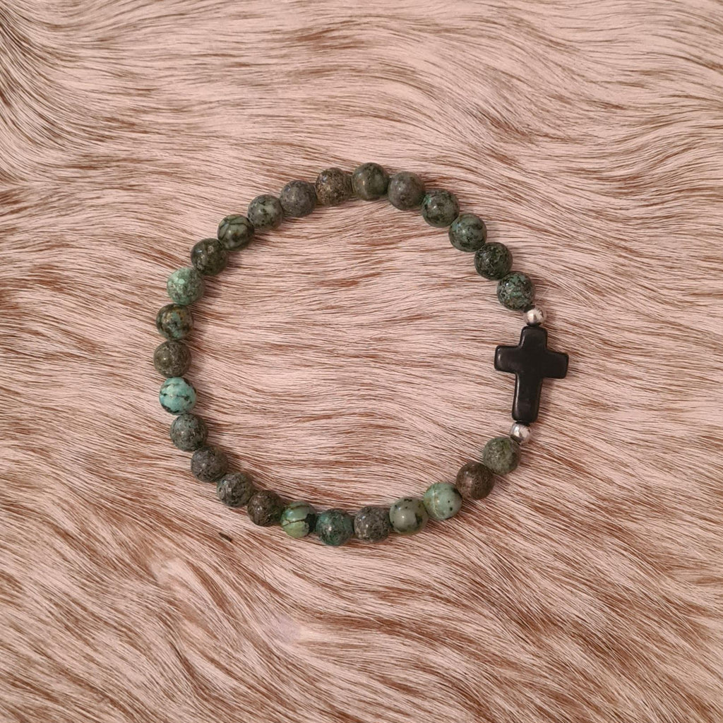Believer natural African Turquoise beaded bracelet with stone cross.