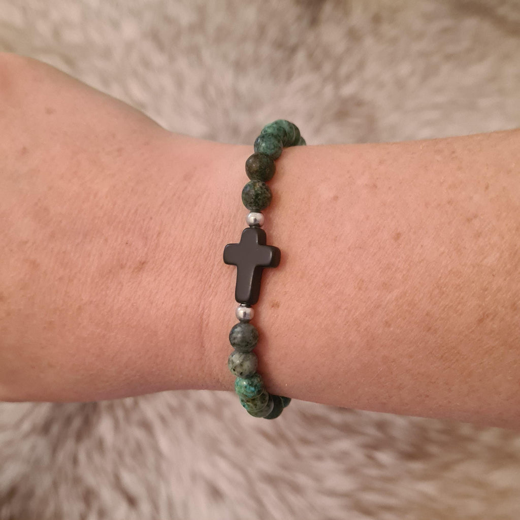 Believer natural African Turquoise beaded bracelet with stone cross.