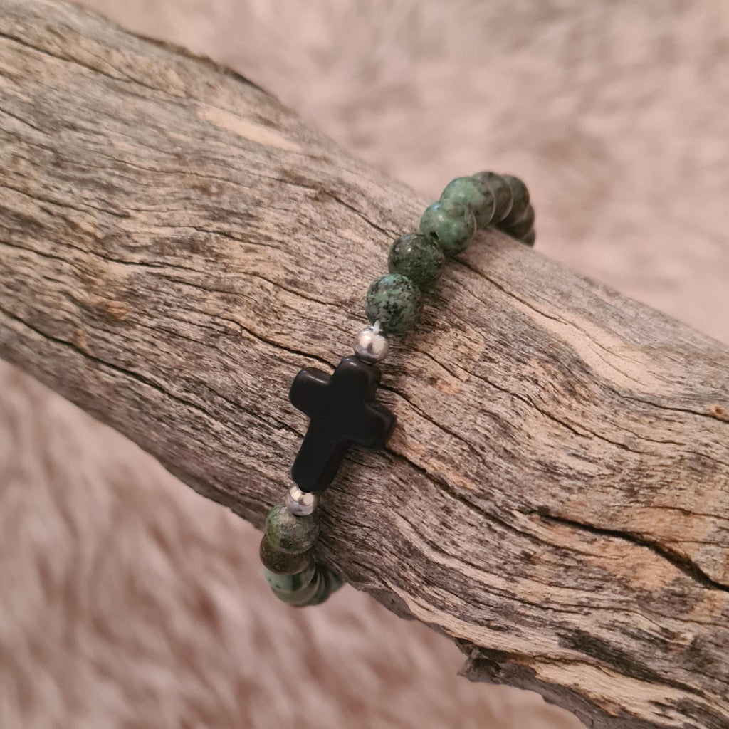 Believer natural African Turquoise beaded bracelet with stone cross.