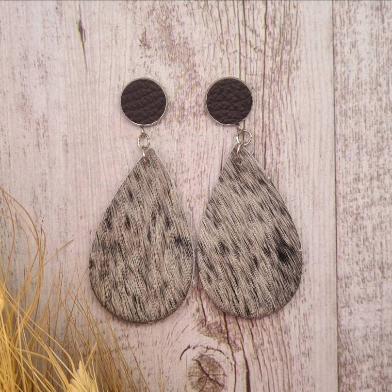Roughstock genuine leather and genuine cowhide teardrop earrings.