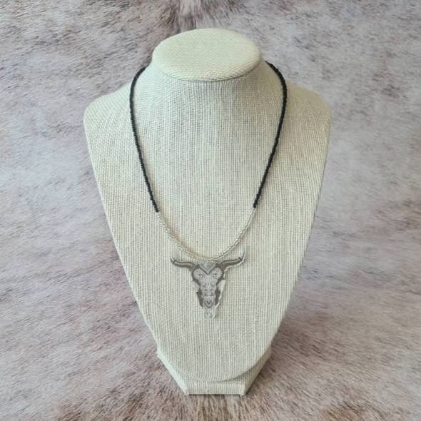 Grand Entry beaded necklace with mirrored steer skull pendant.
